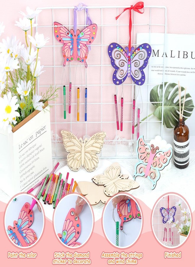 TREACLUB 10 Pack Butterfly Wind Chime Kit for Kids Make Your Own Butterfly Wind Chime Wooden Crafts DIY Make a Wind Chime Kit DIY Coloring Butterfly Ornaments for Girls Boys - Image 3
